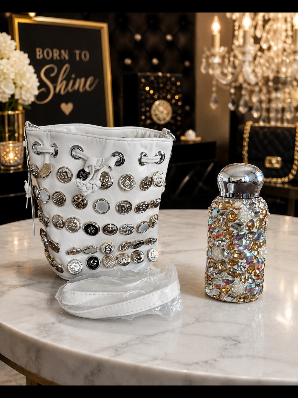 Brand New - White Embellished Bucket Bag with Silver Accented Flask